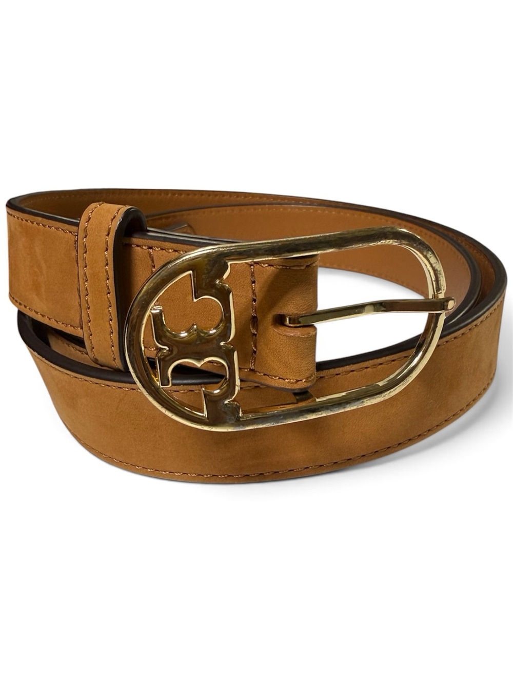 Tory Burch Saddle Tan Nubuck Leather Belt with Gold Logo Buckle